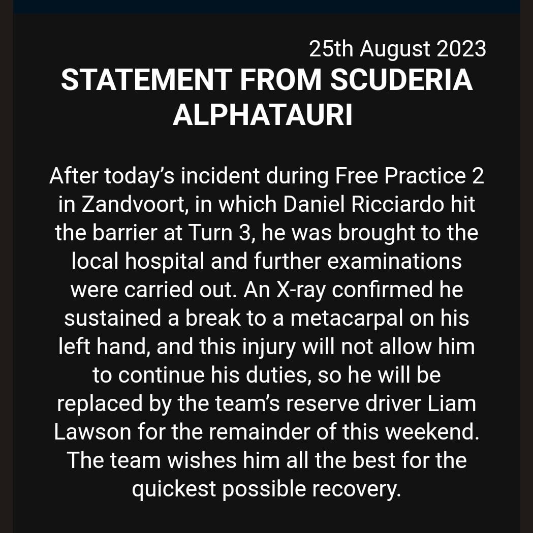 La escudería se pronunció por el golpe que sufrió Daniel Ricciardo