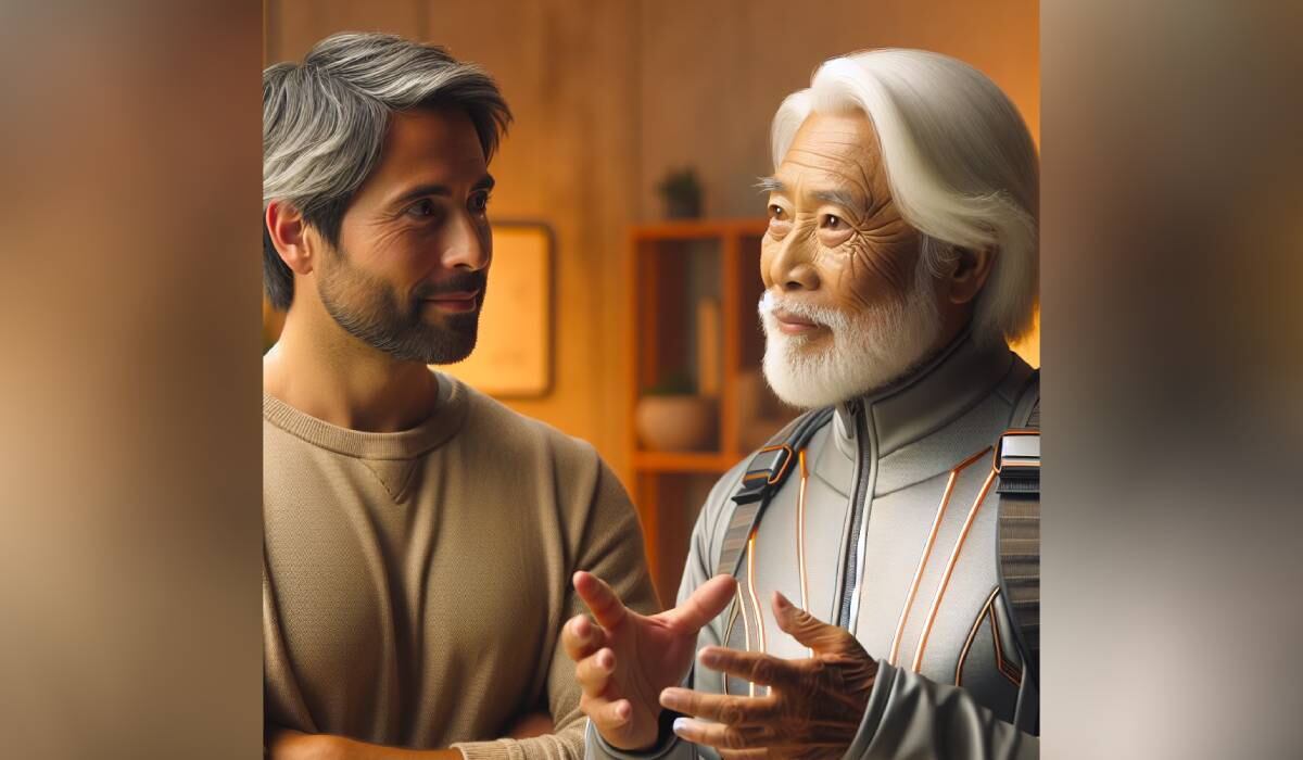 Imagen creada con IA de un hombre que habla con su 'Yo' del futuro