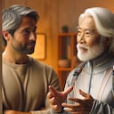 Imagen creada con IA de un hombre que habla con su 'Yo' del futuro