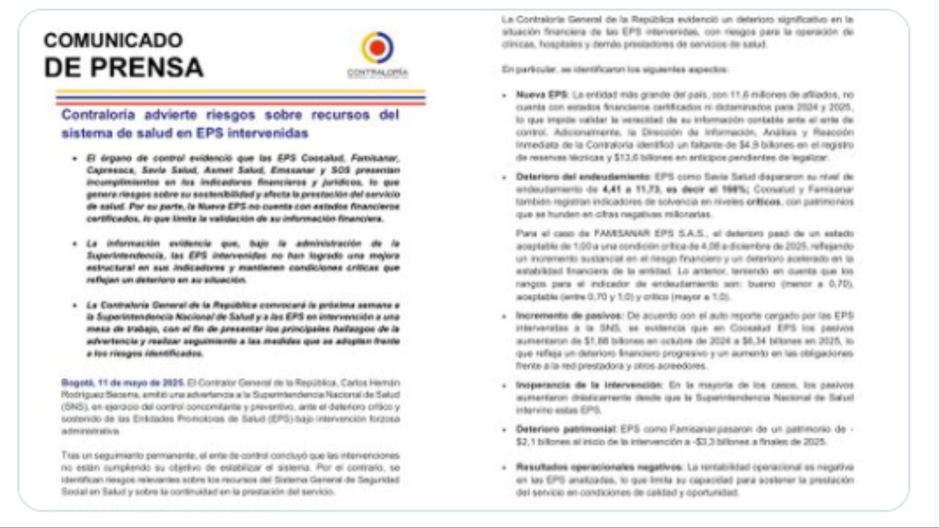 Comunicado de la Contraloría General de la República sobre el deterioro financiero de las EPS intervenidas y el aumento de las deudas hospitalarias en Colombia.