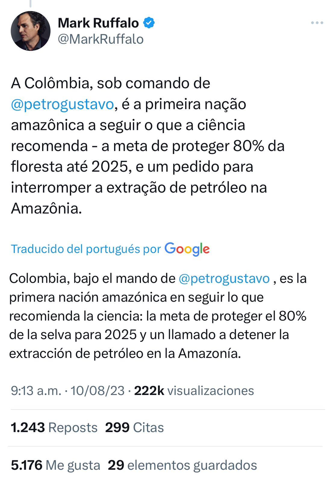 ‘Hulk’ mostró apoyo a Petro y aplaudió su labor ambiental