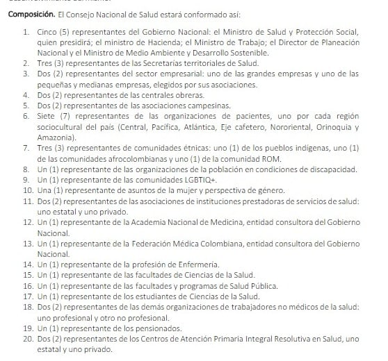 Composición del Consejo Nacional de Salud que propone la reforma a la salud.