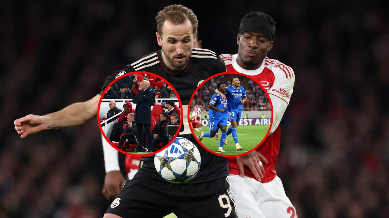 Harry Kane y Noni Madueke en Arsenal vs. Bayern / Arne Slot se lamenta en Anfield / Mbappé celebra en Grecia.