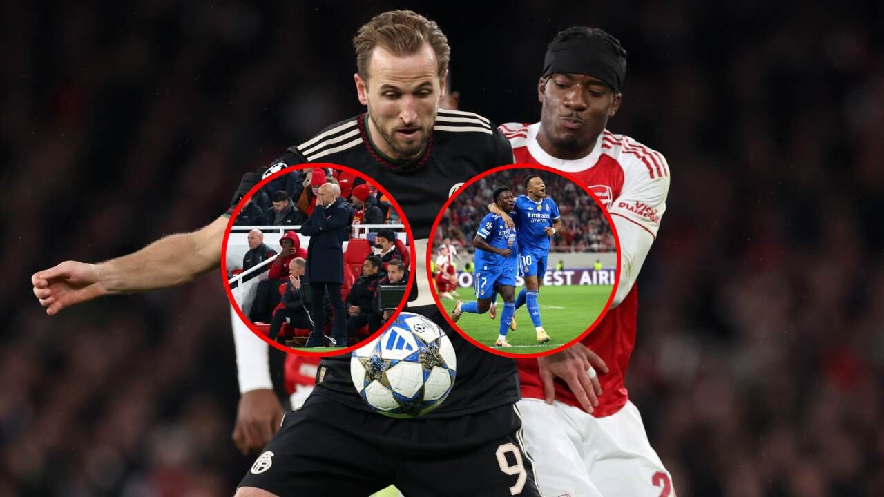 Harry Kane y Noni Madueke en Arsenal vs. Bayern / Arne Slot se lamenta en Anfield / Mbappé celebra en Grecia.