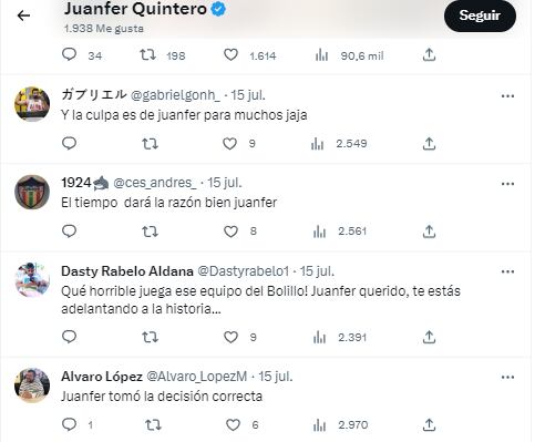 Juanfer Quintero recibió mensajes de apoyo de los hinchas
