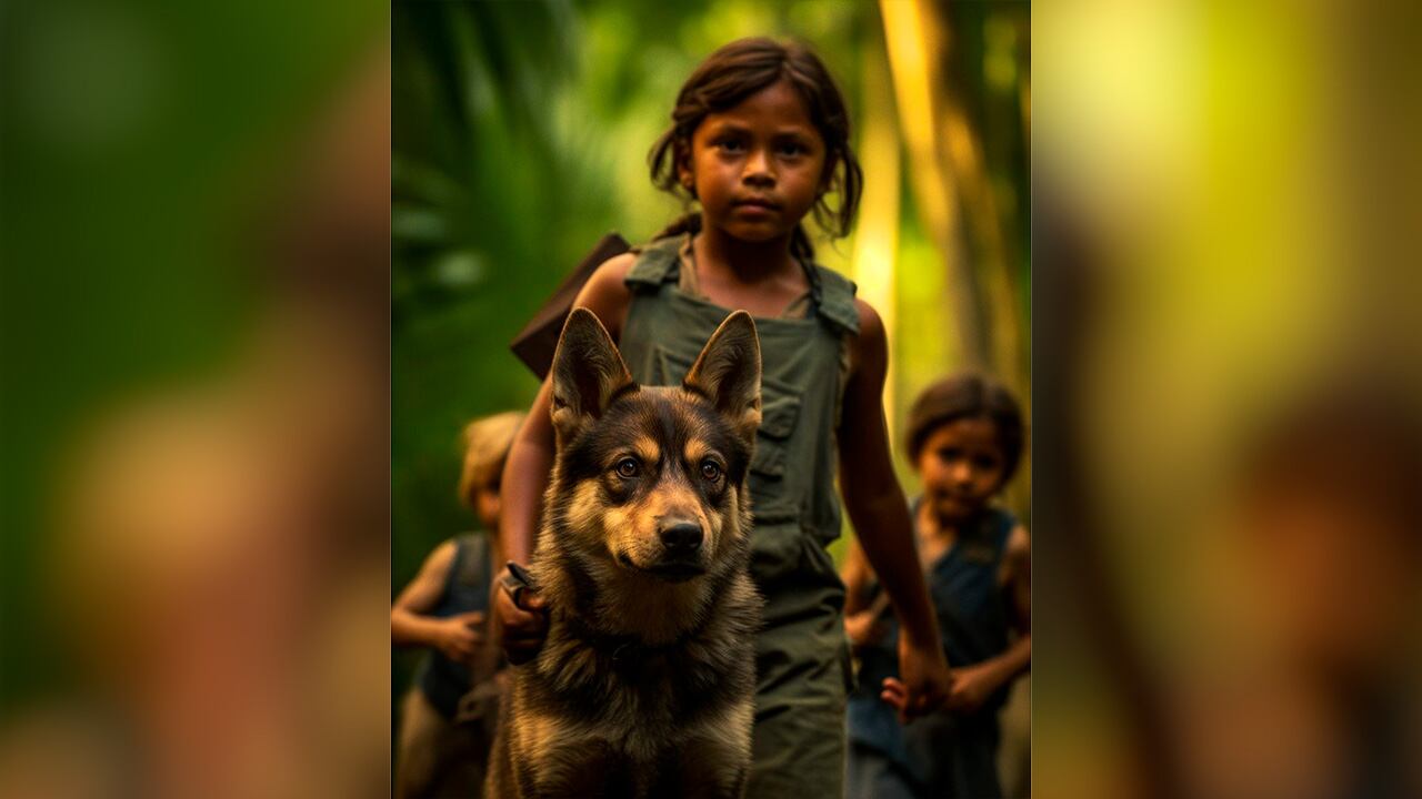 Ilustración hiperrealista creada con IA, de los niños perdidos en la selva de Colombia.