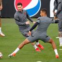 PSG's Lionel Messi, center left, during training at the Jan Breydel Stadium in Bruges, Belgium, Tuesday, Sept. 14, 2021. PSG will play its Champions League Group A soccer match against Club Brugge on Wednesday. (AP Photo/Olivier Matthys)