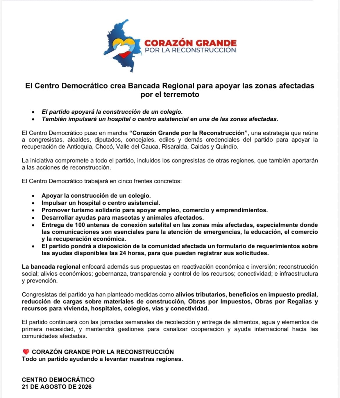 Comunicado de prensa Centro Democrático.