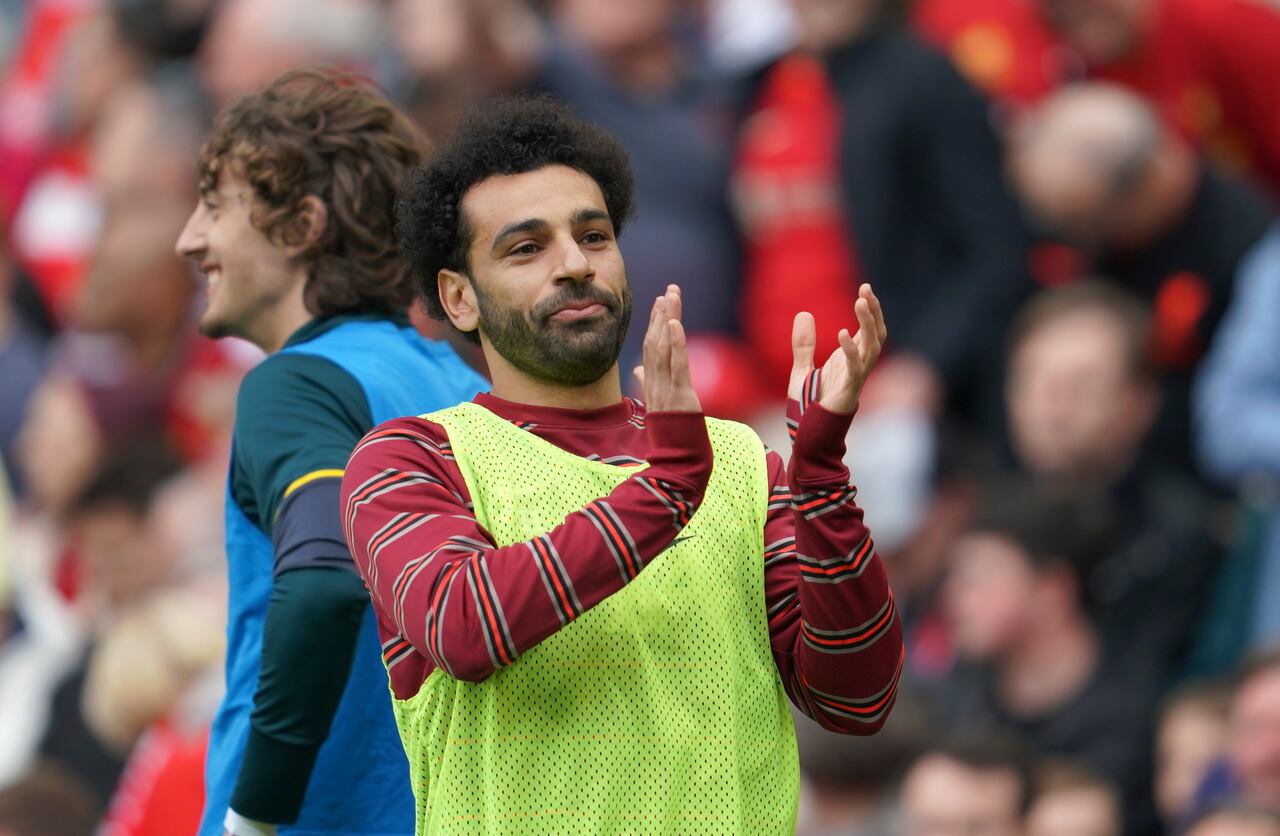 Liverpool's Mohamed Salah reacts during the Premier League soccer match between Liverpool and Wolverhampton at Anfield stadium in Liverpool, England, Sunday, May 22, 2022. (AP Photo/Jon Super)