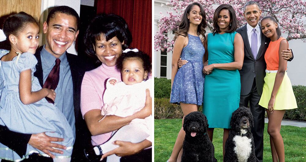 Barack y Michelle con sus hijas Malia y Sasha en dos momentos muy distintos: antes de la presidencia, como una familia de clase media en Chicago, y ahora, cuando se mueven en las grandes ligas.  