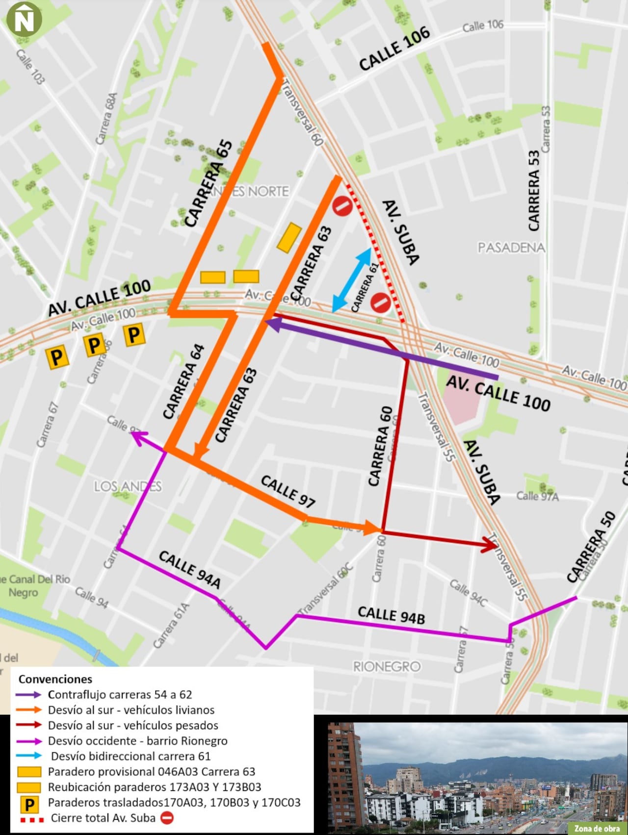 Desvíos Avenida Suba - Calle 100 para carros particulares