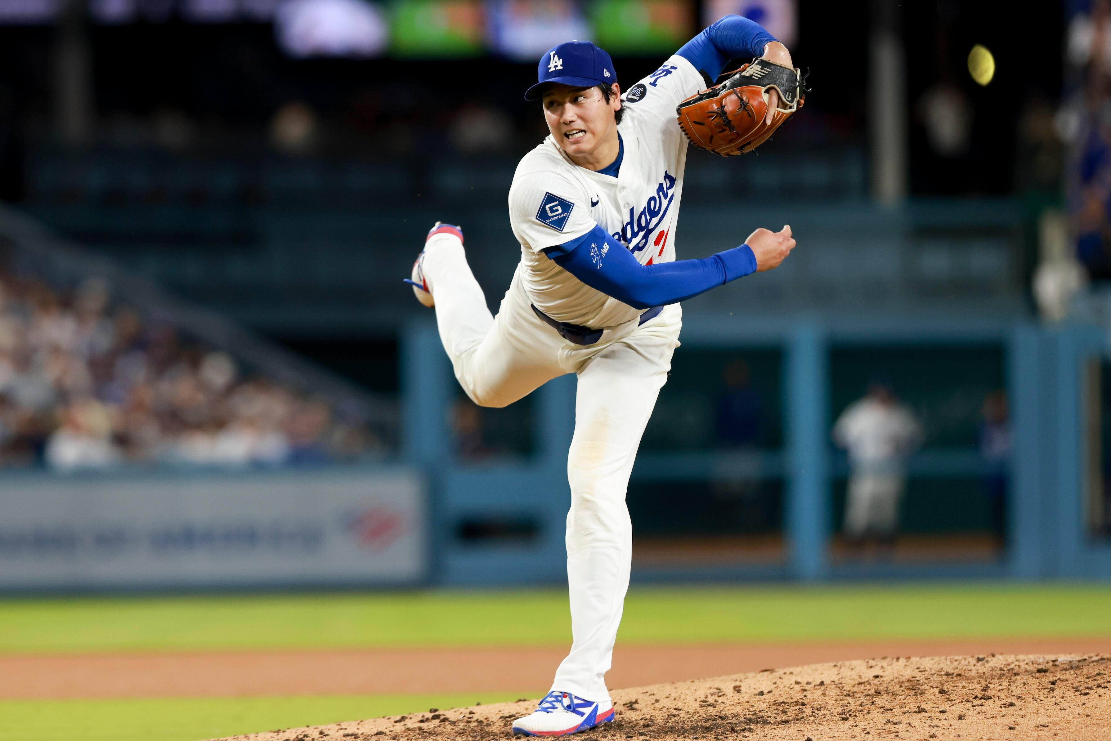 LOS ANGELES, CA - OCTOBER 17: Shohei Ohtani #17 of the Los Angeles Dodgers pitches during Game Four of the National League Championship Series presented by Booking.com between the Milwaukee Brewers and the Los Angeles Dodgers at Dodger Stadium on Friday, October 17, 2025 in Los Angeles, California. (Photo by Nicole Vasquez/MLB Photos via Getty Images)