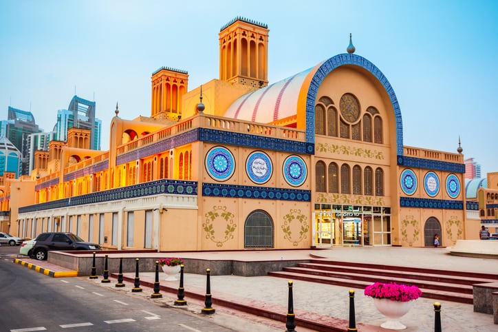 SHARJAH, UAE - MARCH 01, 2019: Blue Souk or Central Market is located in the centre of Sharjah city in United Arab Emirates or UAE