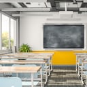 Empty classroom or presentation room interior with desks, chairs and chalkboard, 3d rendering