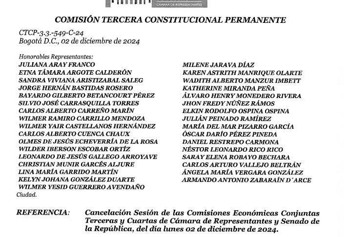 Carta radicada en comisiones económicas del Congreso