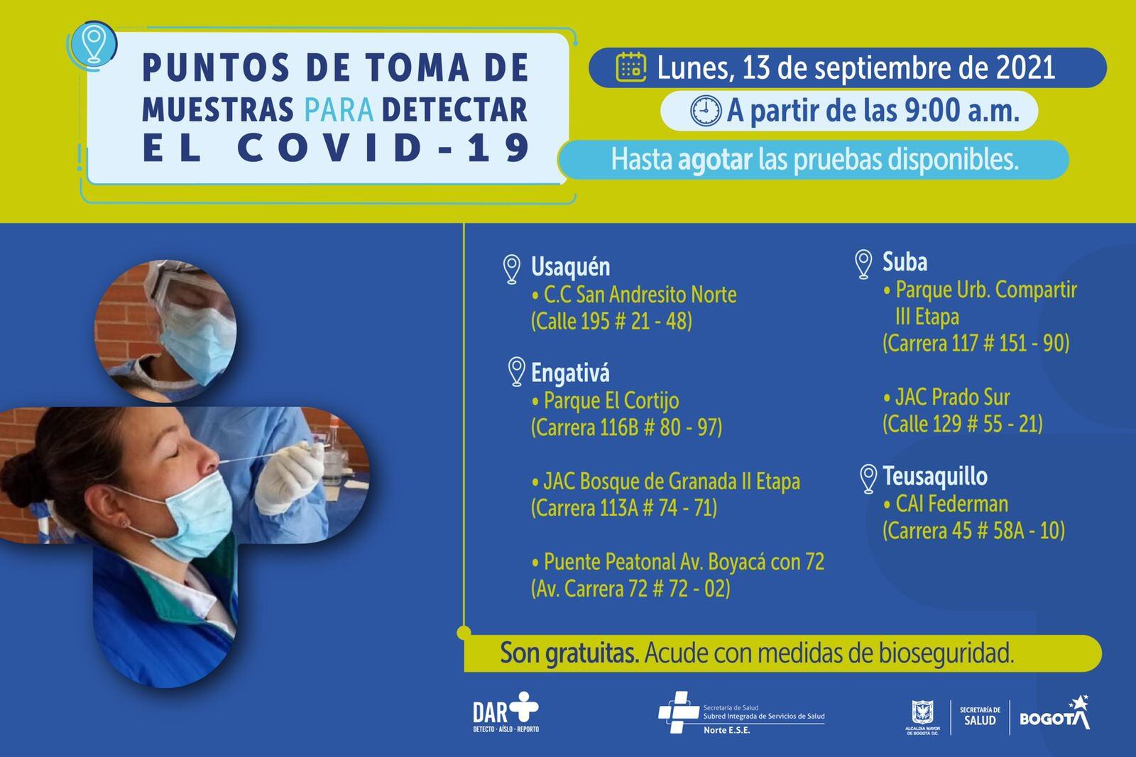 Pruebas gratis de covid 19 hoy lunes 13 de septiembre en Bogotá: estos son los puntos de atención
