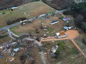 Devastation is seen in the aftermath from severe weather, Thursday, Jan. 12, 2023, in Greensboro, Ala. A giant, swirling storm system billowing across the South spurred a tornado on Thursday that shredded the walls of homes, toppled roofs and uprooted trees in Selma, Alabama, a city etched in the history of the civil rights movement (Mike Goodall via AP)