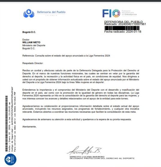 Carta de la Defensoría del Pueblo al Ministerio del Deporte