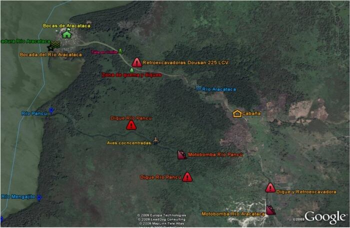 Los triángulos rojos se destacan los rios aracataca y fundacion, son sitios donde la direccion de parques ha encontrado maquinaria de corpoica y el incoder secando los humedales para que ganaderos agricultores y baneros extiendan la frontera agricola amenazando al Santuario de Flora y Fauna de la Ciénaga