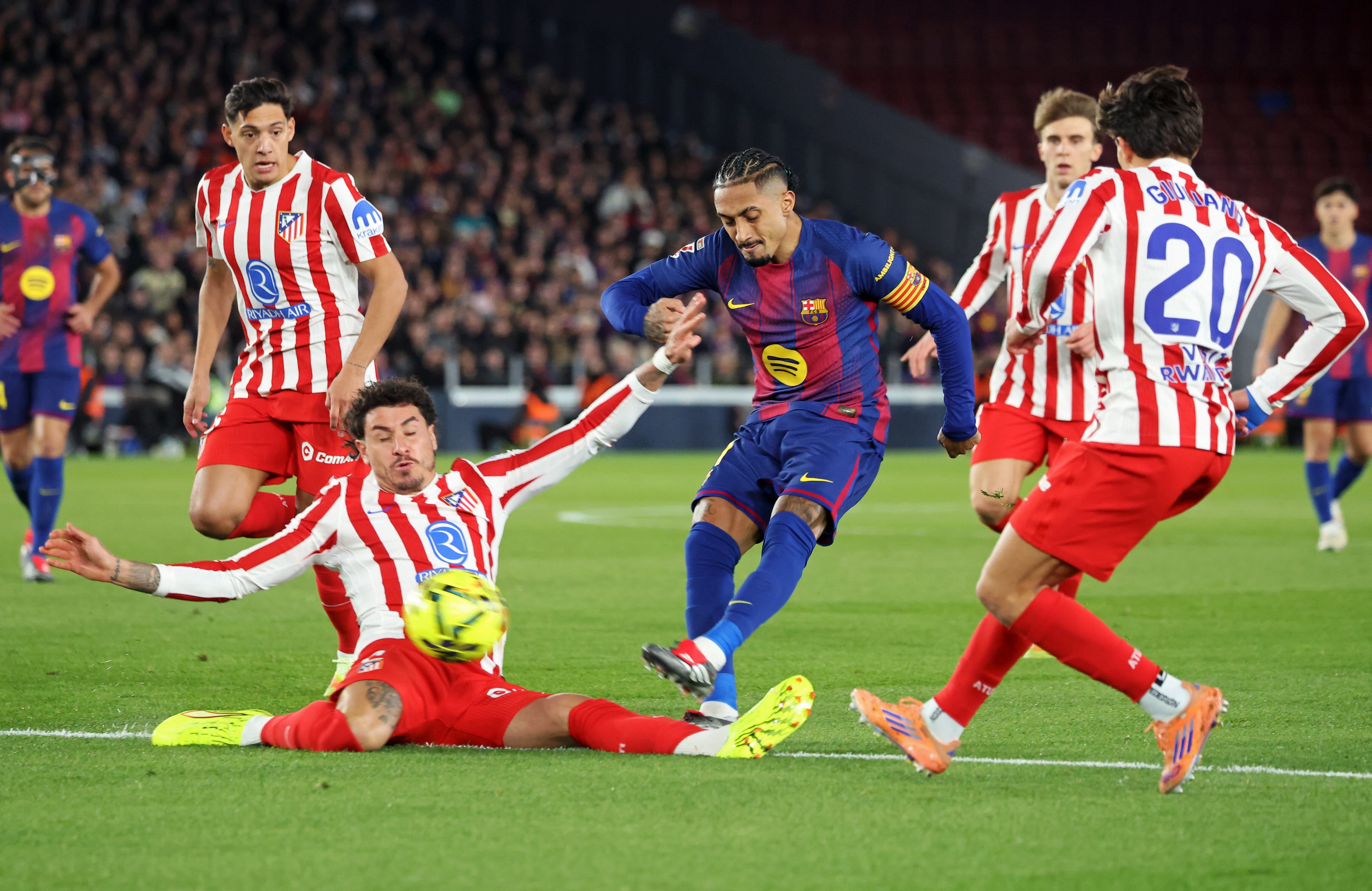Raphinha Dias plays during the match between FC Barcelona and Club Atletico de Madrid, corresponding to week 19 of LaLiga EA Sports, at the Spotify Camp Nou in Barcelona, Spain, on December 2, 2025. (Photo by Joan Valls/Urbanandsport/NurPhoto via Getty Images)