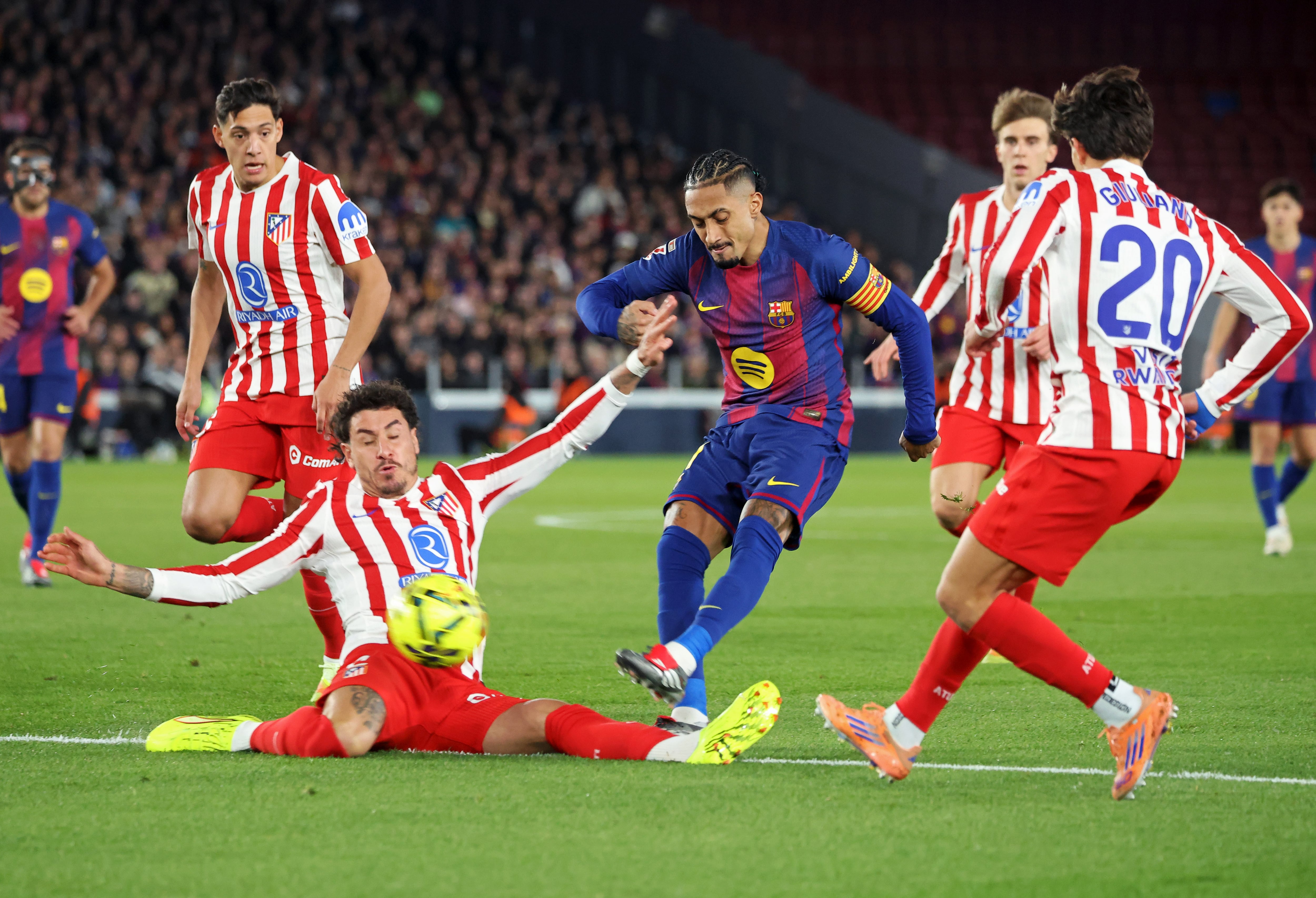 Raphinha Dias plays during the match between FC Barcelona and Club Atletico de Madrid, corresponding to week 19 of LaLiga EA Sports, at the Spotify Camp Nou in Barcelona, Spain, on December 2, 2025. (Photo by Joan Valls/Urbanandsport/NurPhoto via Getty Images)