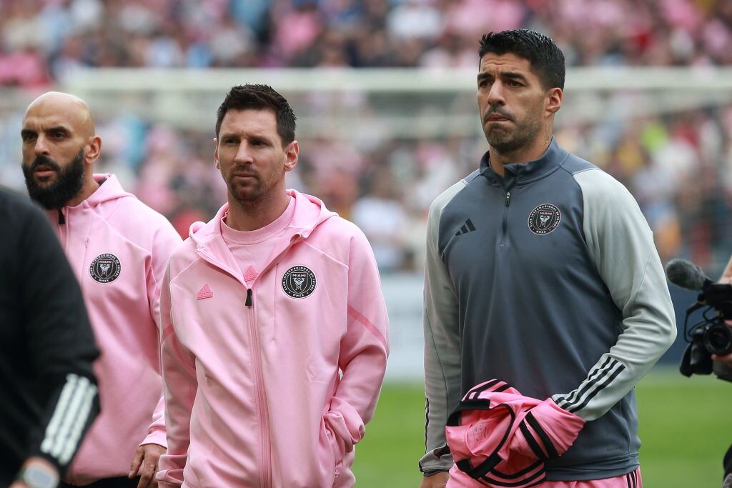 HONG KONG, CHINA - FEBRUARY 4: Lionel Messi (L) and Luis Suarez (R) of Inter Miami CF walk on the field prior the preseason friendly match between Hong Kong Team and Inter Miami at Hong Kong Stadium on February 4, 2024 in Hong Kong, China. (Photo by Thomas Tang/Eurasia Sport Images/Getty Images)