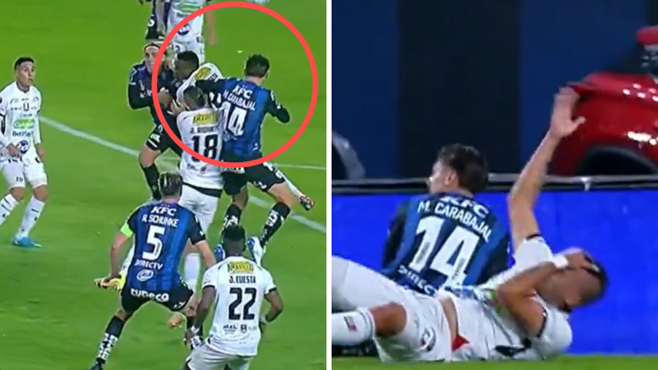 Falta de Mateo Carbajal a Jáider Riquett en el Once Caldas vs. Independiente del Valle por Sudamericana.