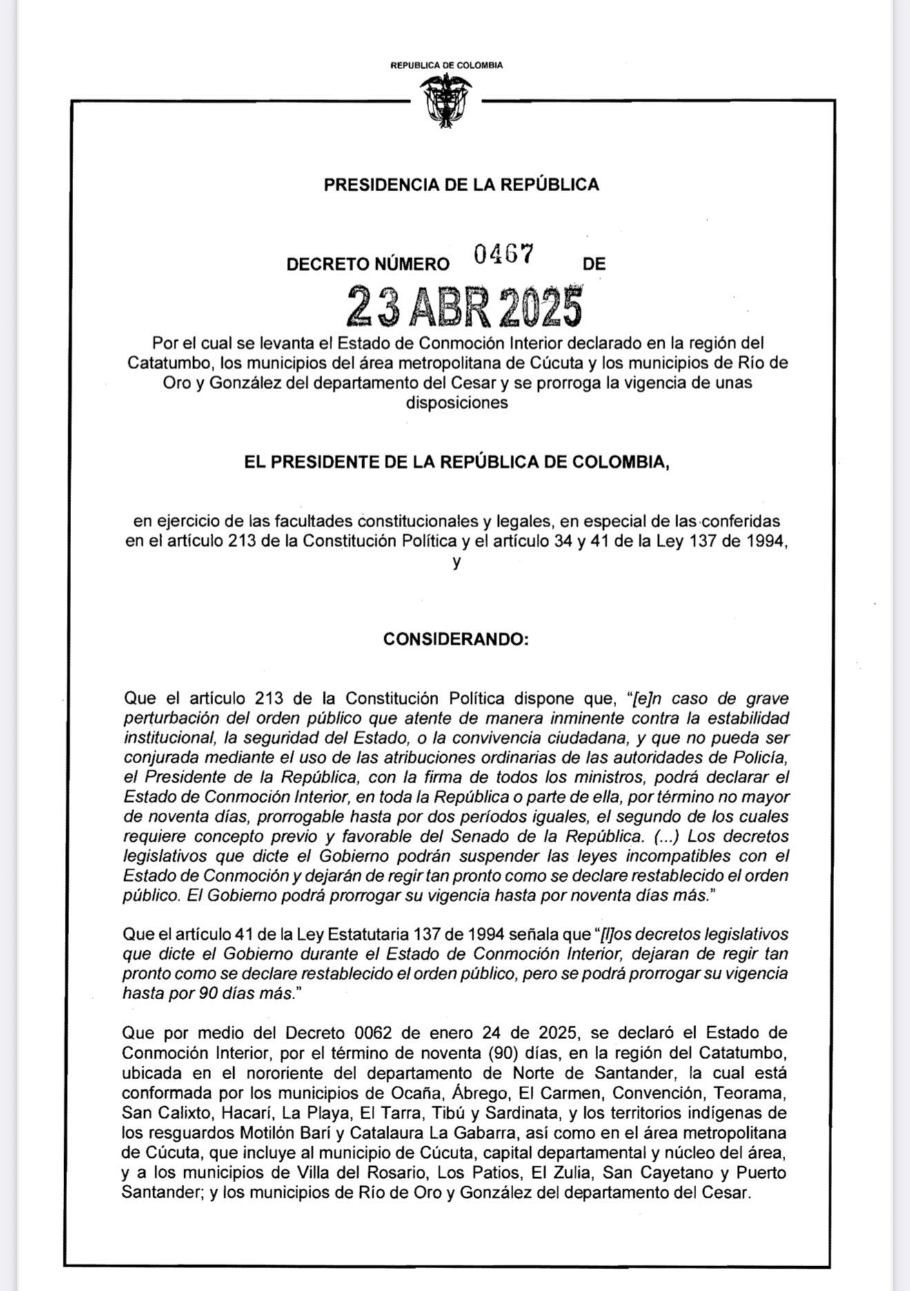 Decreto en el cual el presidente Gustavo Petro levanta la conmoción interior en el Catatumbo