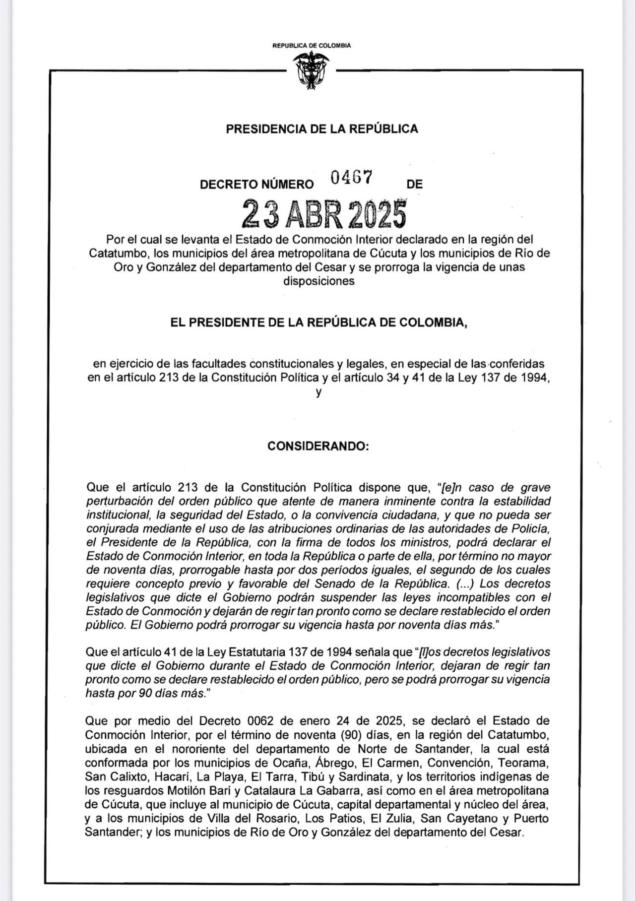 Decreto en el cual el presidente Gustavo Petro levanta la conmoción interior en el Catatumbo