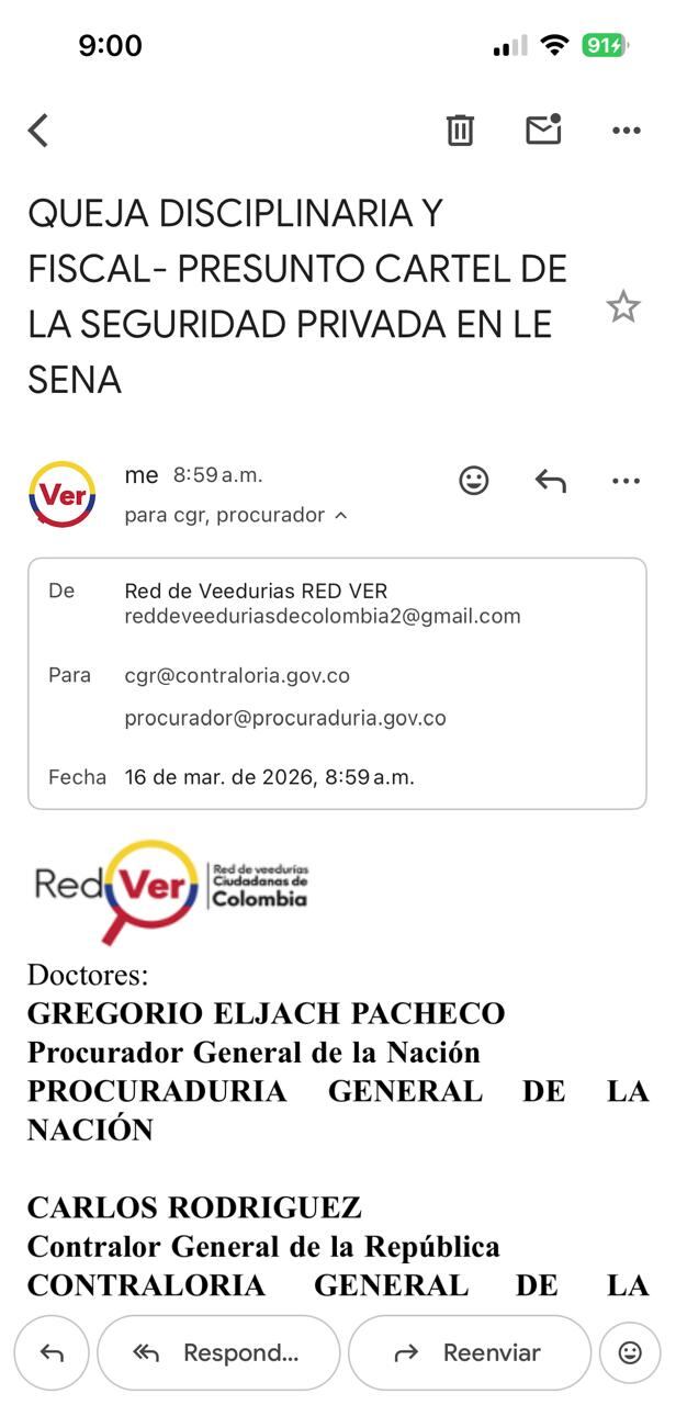 Red de Veedurías de Colombia radica queja formal ante la Procuraduría por presuntas irregularidades en millonaria contratación de seguridad privada del Sena