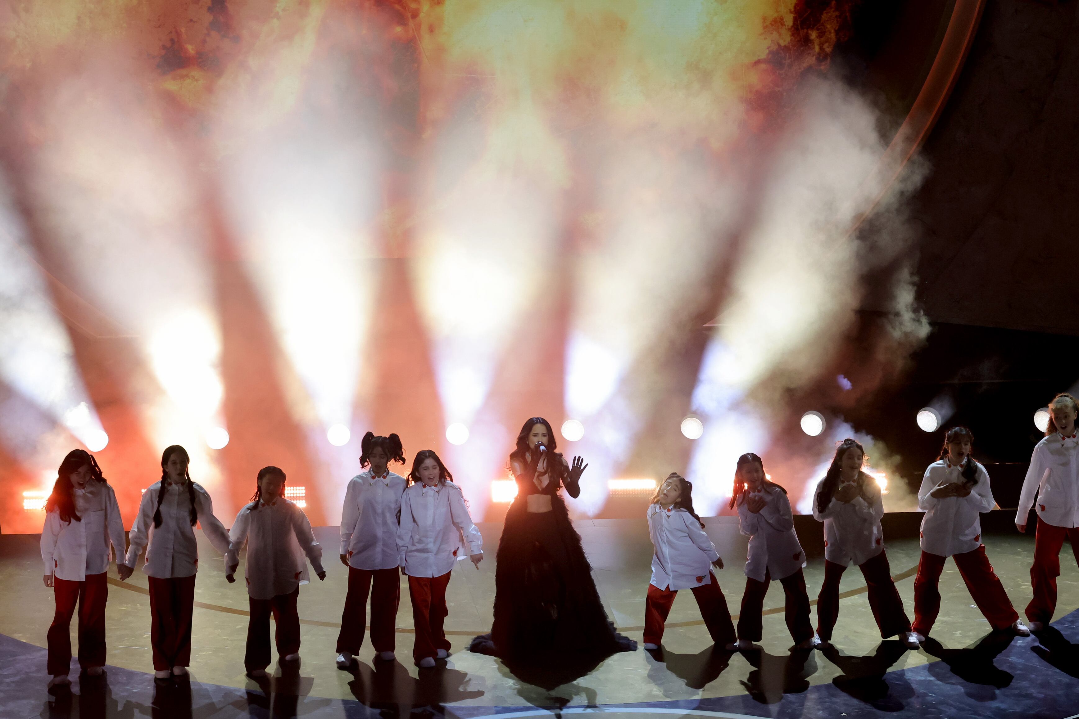 HOLLYWOOD, CALIFORNIA - MARCH 10: Becky G performs 'The Fire Inside' from "Flamin' Hot" onstage during the 96th Annual Academy Awards at Dolby Theatre on March 10, 2024 in Hollywood, California. (Photo by Kevin Winter/Getty Images)