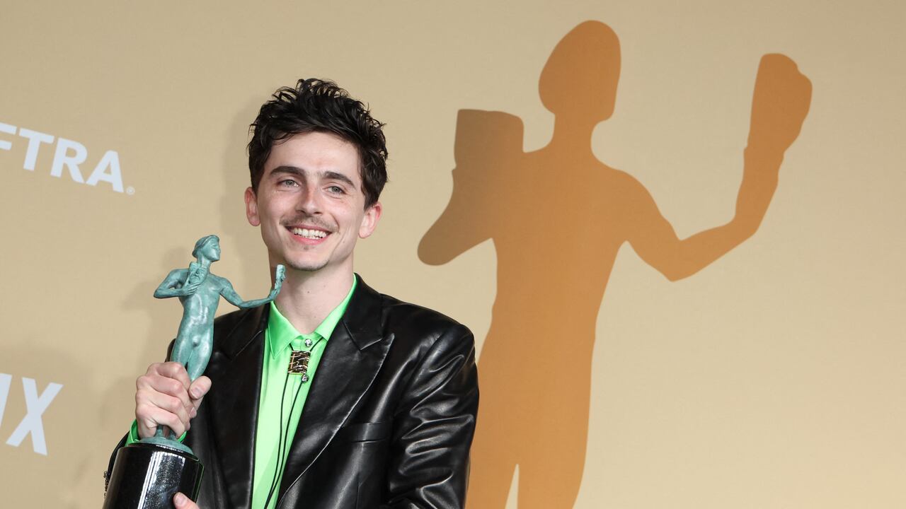 US-French actor Timothee Chalamet poses in the press room with the award for Outstanding Performance by a Male Actor in a Leading Role in a Motion Picture for "A Complete Unknown" during the 31st Annual Screen Actors Guild awards at the Shrine Auditorium in Los Angeles, February 23, 2025. (Photo by VALERIE MACON / AFP)