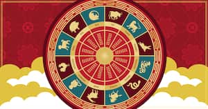 Los símbolos de rueda de los signos del horóscopo oriental sobre un fondo rojo. Estandarte astrológico horizontal. Foto: Getty Images.