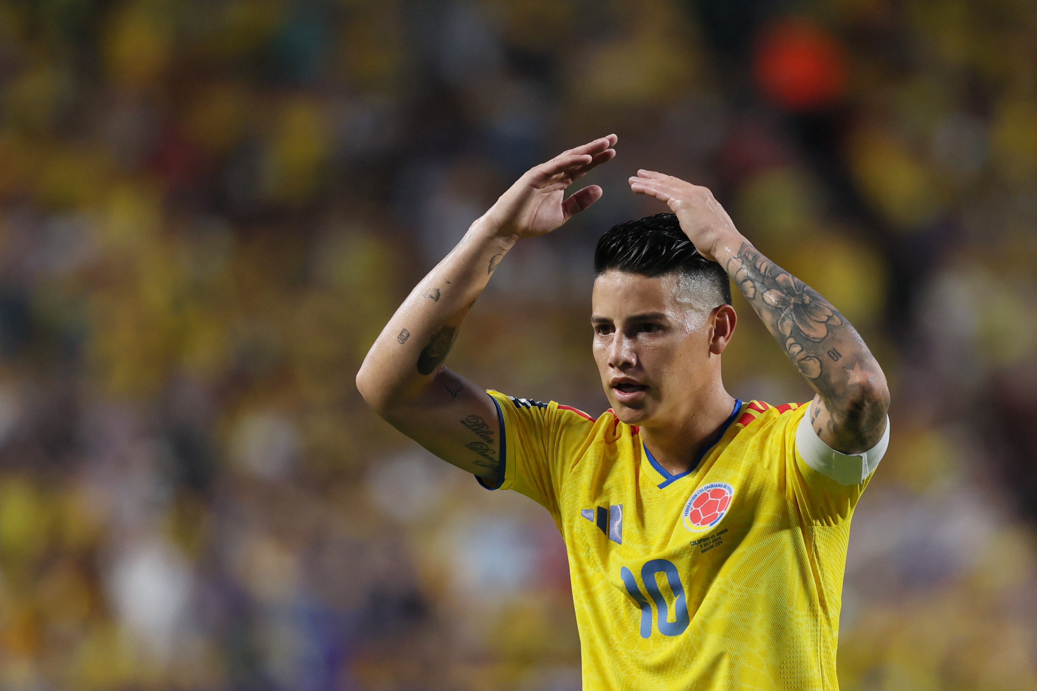 Colombia's midfielder #10 James Rodriguez reacts during the 2026 World Cup round of 32 football match between Colombia and Ghana at the Kansas City Stadium in Kansas City on July 3, 2026. (Photo by Odd ANDERSEN / AFP)