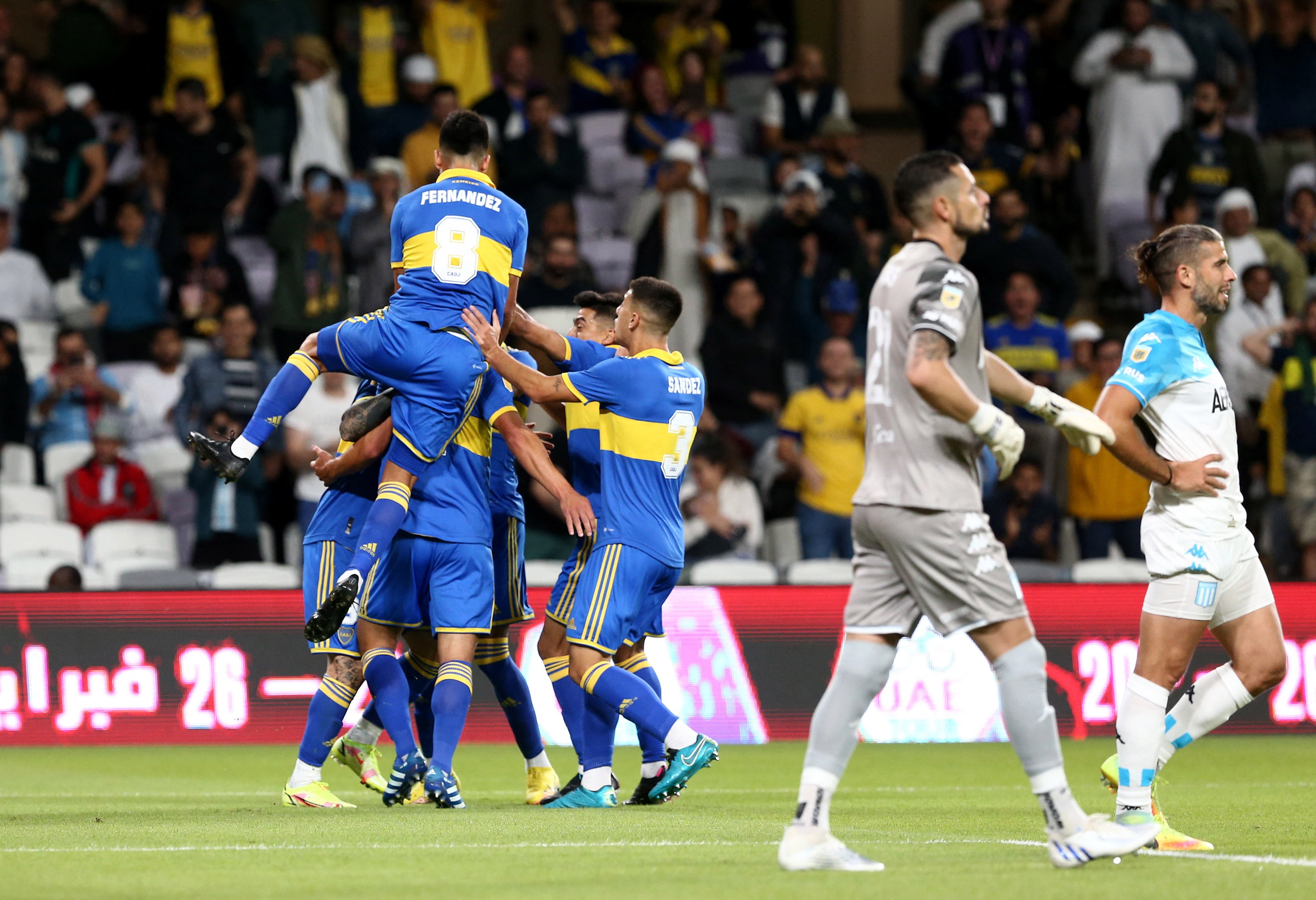 Soccer Football - Argentine Super Cup - Boca Juniors v Racing Club - Hazza bin Zayed Stadium, Al Ain, United Arab Emirates - January 20, 2023 Boca Juniors' Facundo Roncaglia celebrates scoring their first goal with teammates REUTERS/Satish Kumar