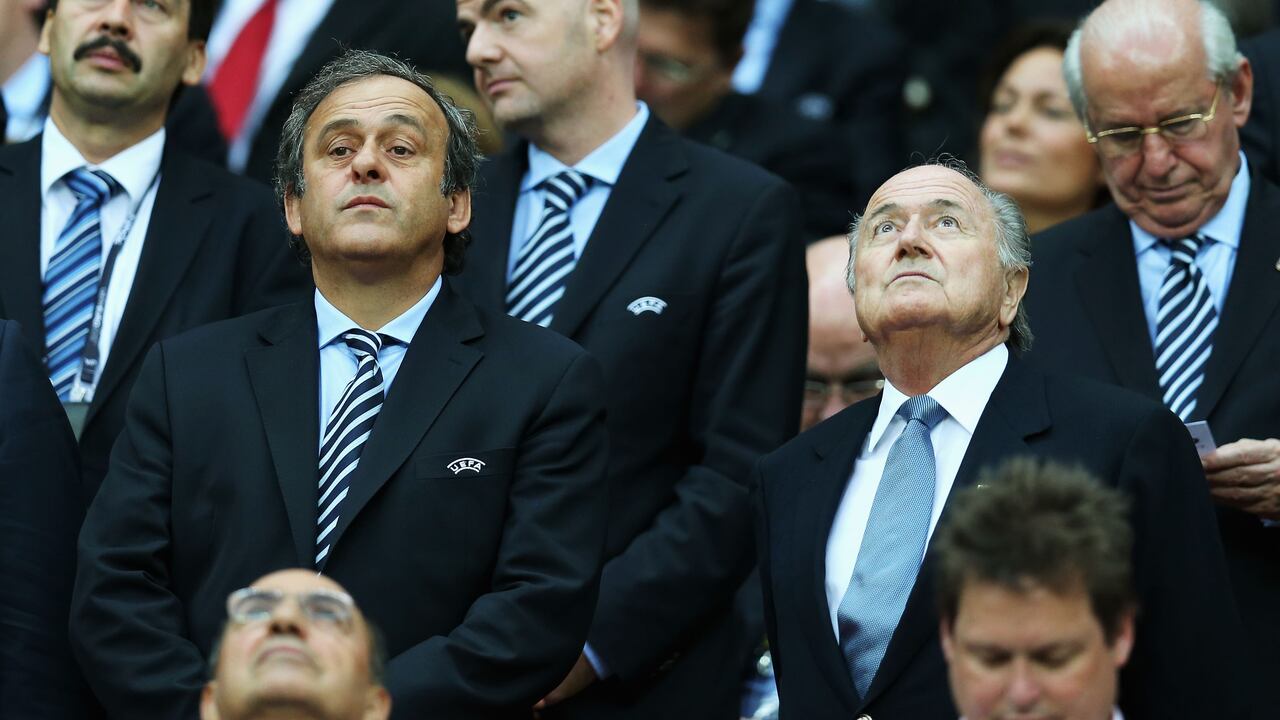 WARSAW, POLAND - JUNE 28: UEFA president Michel Platini (L) and FIFA president Sepp Blatter during the UEFA EURO 2012 semi final match between Germany and Italy at National Stadium on June 28, 2012 in Warsaw, Poland. (Photo by Alex Grimm/Getty Images)