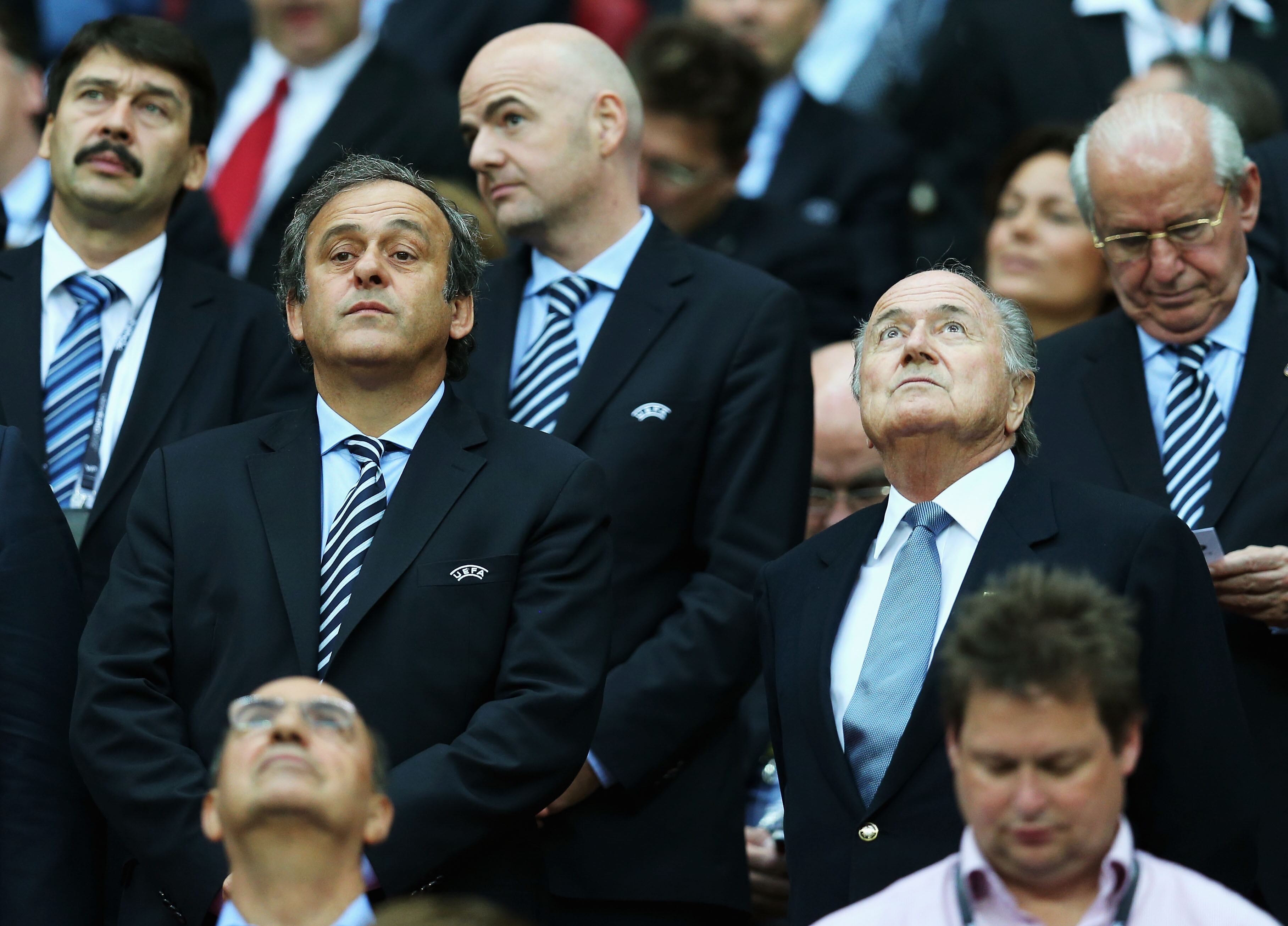 WARSAW, POLAND - JUNE 28:  UEFA president Michel Platini (L) and FIFA president Sepp Blatter during the UEFA EURO 2012 semi final match between Germany and Italy at National Stadium on June 28, 2012 in Warsaw, Poland.  (Photo by Alex Grimm/Getty Images)
