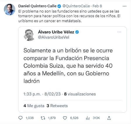 Respuesta de Daniel Quintero a Álvaro Uribe.