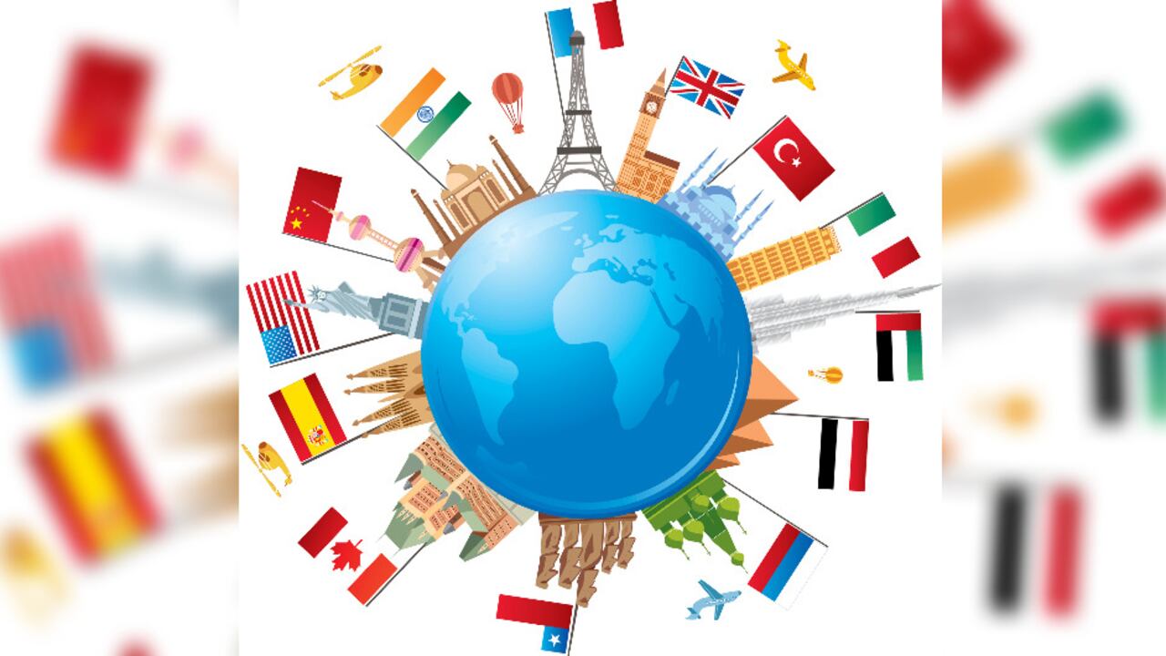 Foto de referencia del mapamundi y banderas de varios países