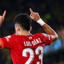 VILLARREAL, SPAIN - MAY 03: Luis Diaz of Liverpool celebrates after scoring their team's second goal during the UEFA Champions League Semi Final Leg Two match between Villarreal and Liverpool at Estadio de la Ceramica on May 03, 2022 in Villarreal, Spain. (Photo by Eric Alonso/Getty Images)