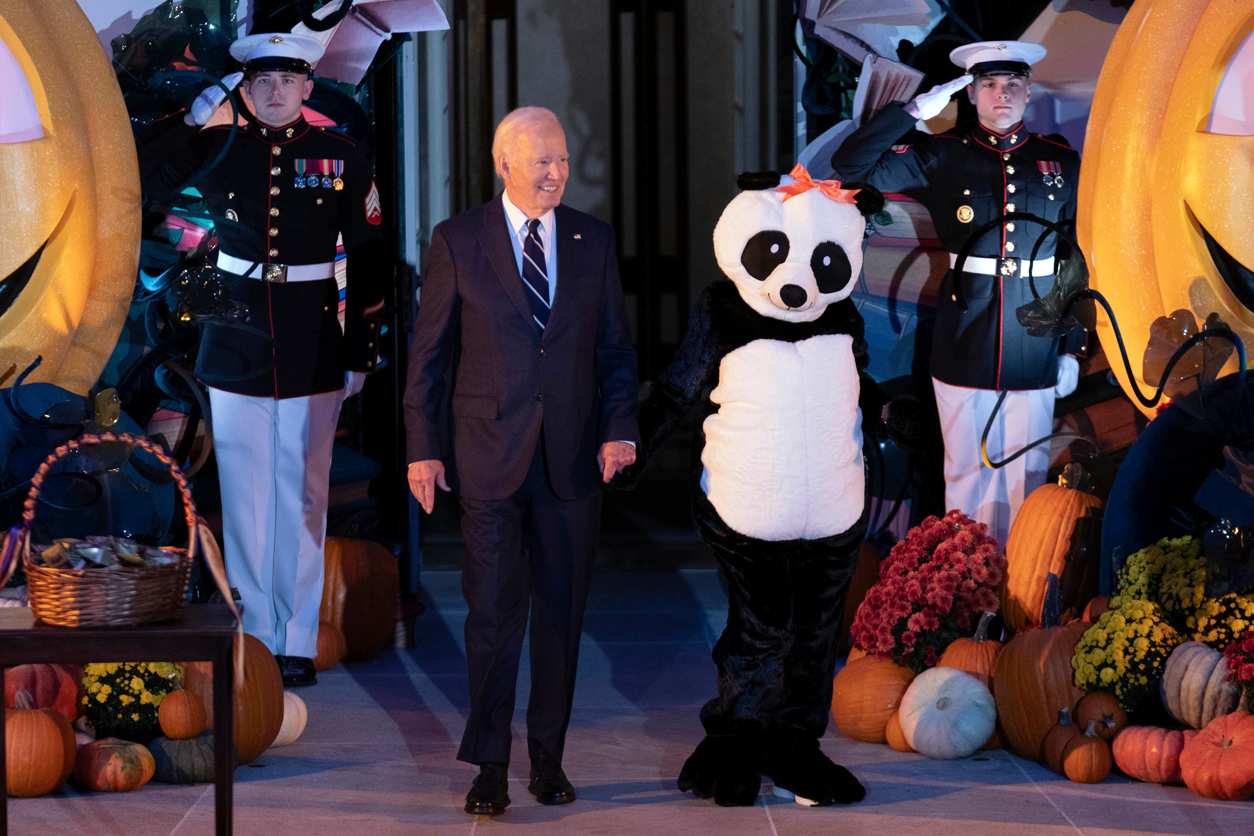 El presidente Joe Biden y la primera dama Jill Biden, disfrazados de panda gigante, organizan la celebración anual de Halloween en el jardín sur de la Casa Blanca en Washington, el miércoles 30 de octubre de 2024. (Foto AP/José Luis Magaña)