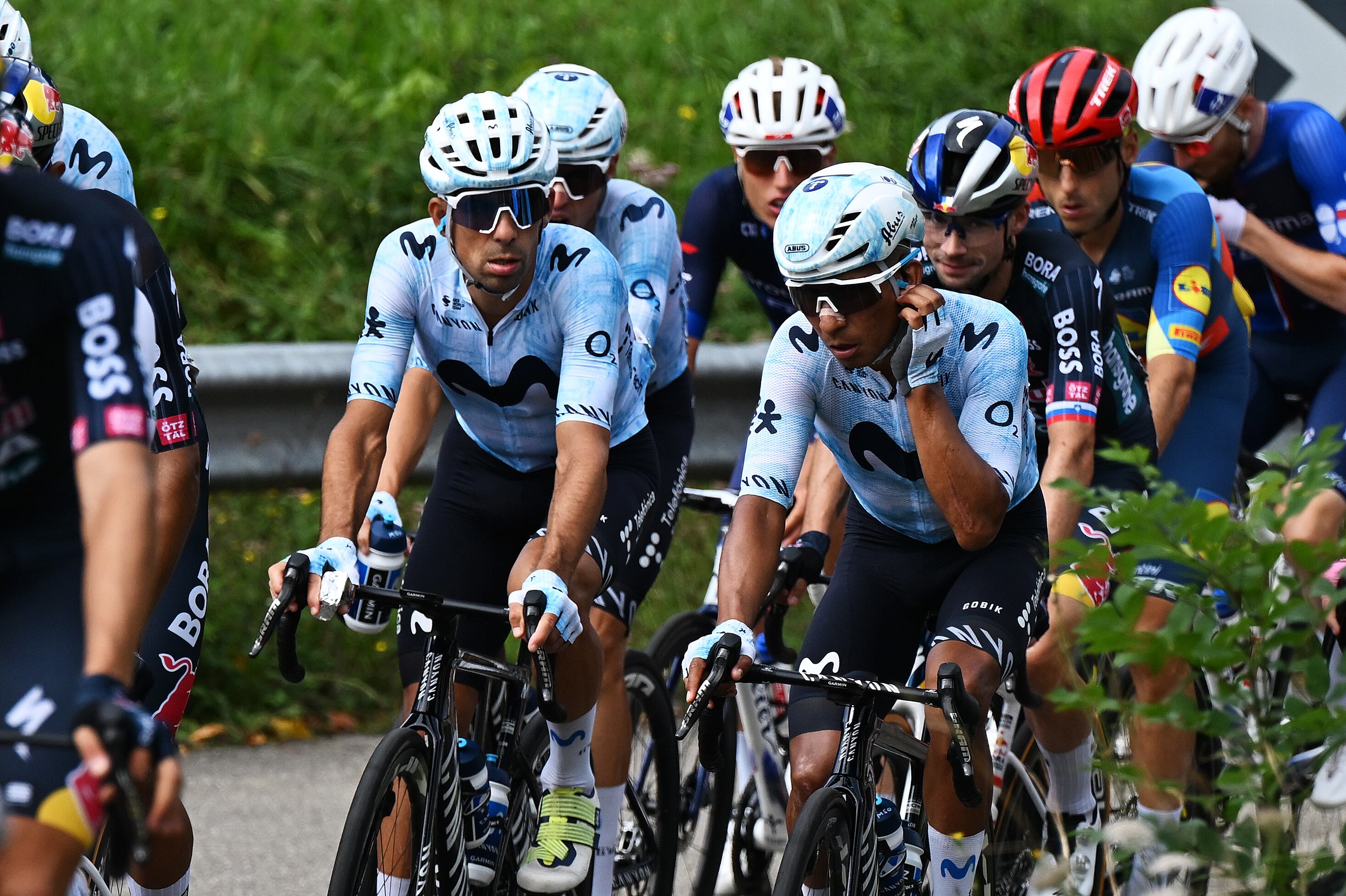 LAGOS DE COVADONGA, SPAIN - SEPTEMBER 03: (L-R) Nelson Oliveira of Portugal and Nairo Quintana of Colombia and Team Movistar compete during the La Vuelta - 79th Tour of Spain 2024, Stage 16 a 181.5km stage Luanco to Lagos de Covadonga 1069m / #UCIWT / on September 03, 2024 in Lagos de Covadonga, Spain. (Photo by Tim de Waele/Getty Images)