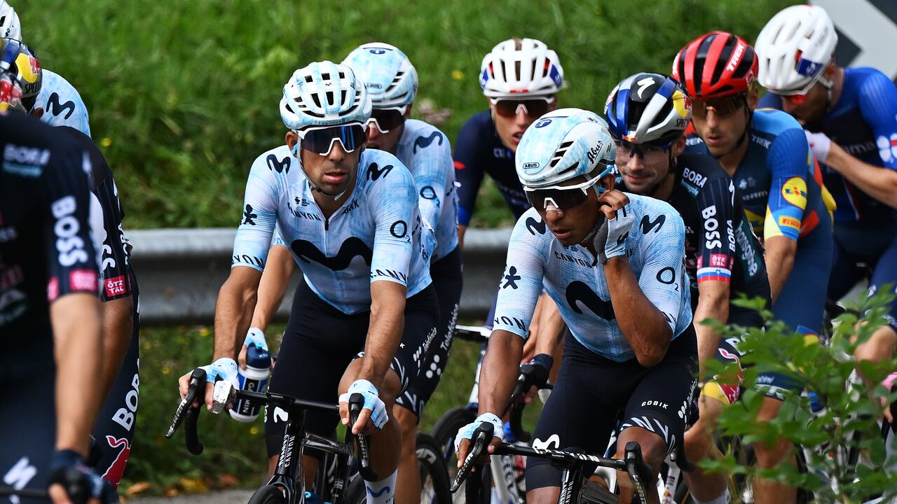 LAGOS DE COVADONGA, SPAIN - SEPTEMBER 03: (L-R) Nelson Oliveira of Portugal and Nairo Quintana of Colombia and Team Movistar compete during the La Vuelta - 79th Tour of Spain 2024, Stage 16 a 181.5km stage Luanco to Lagos de Covadonga 1069m / #UCIWT / on September 03, 2024 in Lagos de Covadonga, Spain. (Photo by Tim de Waele/Getty Images)