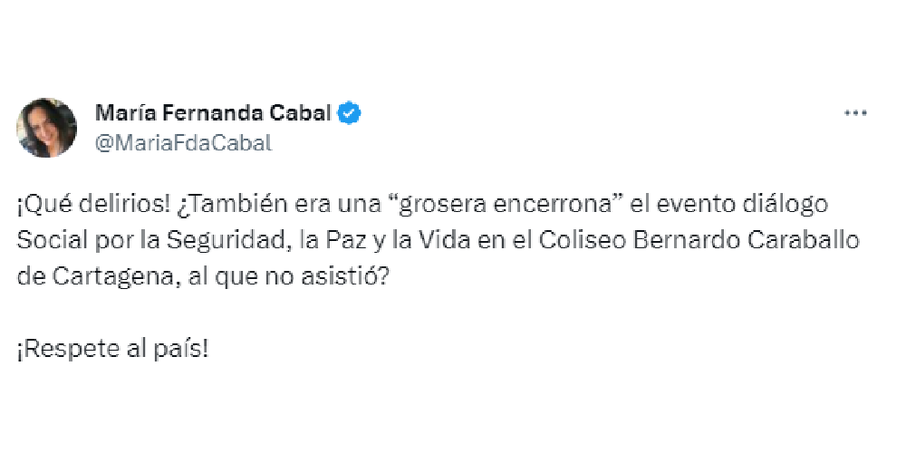 Mensaje de la senadora Cabal al presidente Petro.
