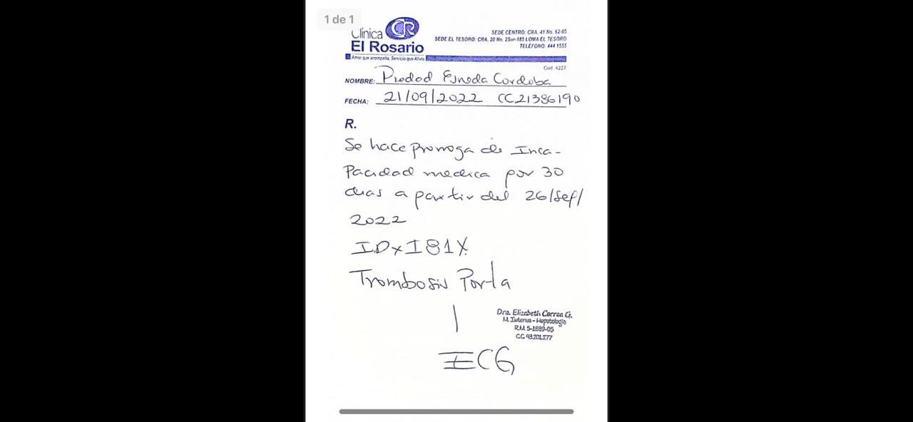 Este es el documento de incapacidad de Piedad Córdoba.