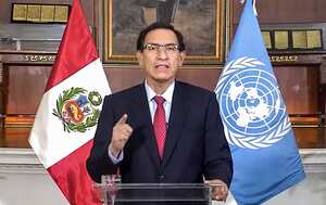 En esta imagen tomada de un video de UNTV, el presidente de Perú, Martín Vizcarra, habla durante la 75a sesión de la Asamblea General de las Naciones Unidas, el martes 22 de septiembre de 2020. Vizcarra asiste al Parlamento el lunes 9 de noviembre de 2020 para defenderse de un nuevo pedido de destitución, el segundo en casi dos meses. (UNTV vía AP)