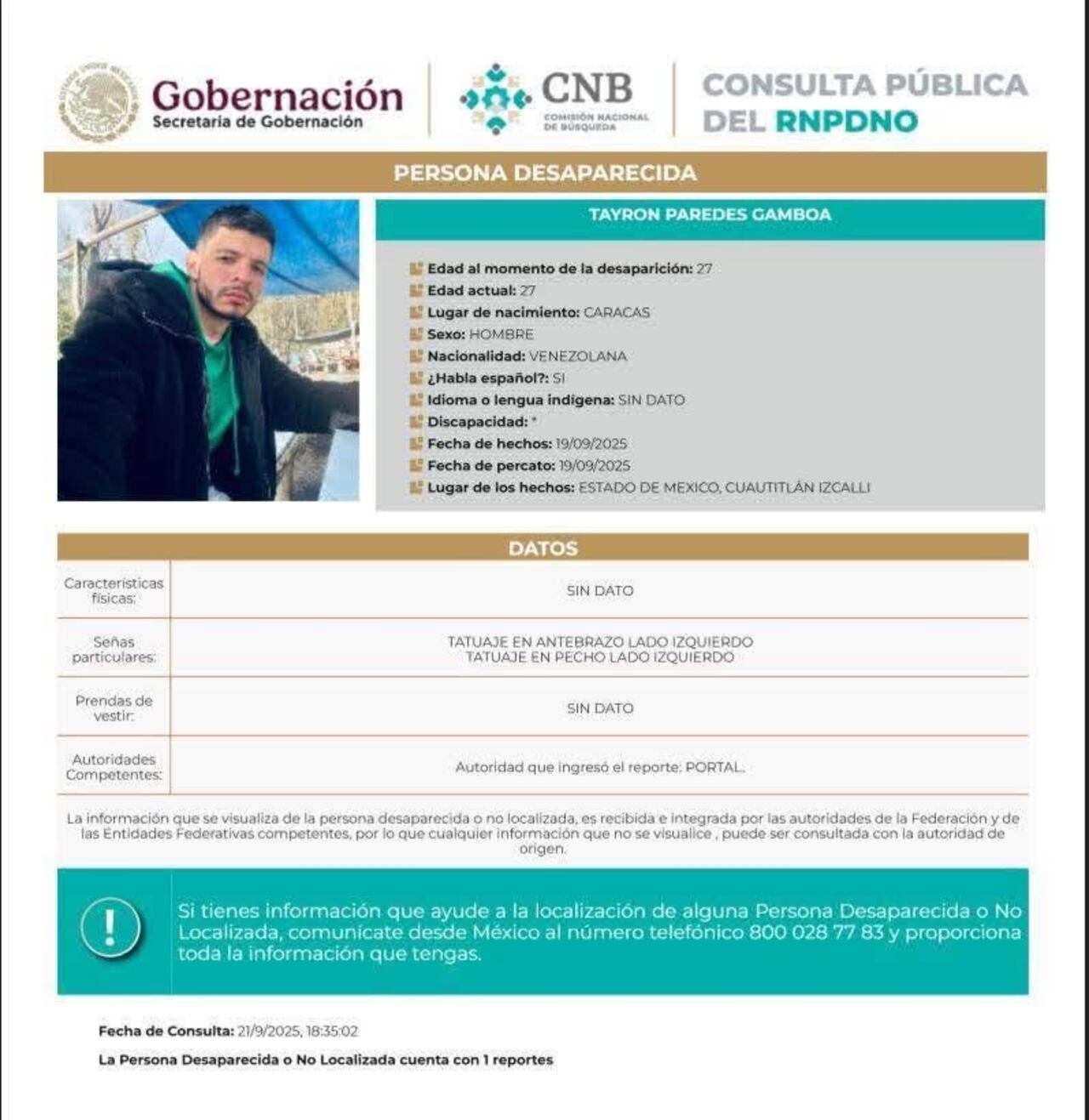 Él es el joven desaparecido en México.