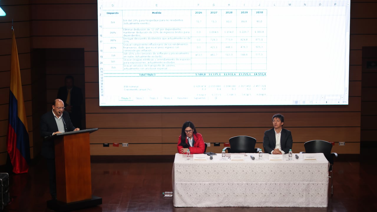 Rueda de prensa de la Ley de financiamiento con el ministro de hacienda, Germán Ávila, los viceministros Carlos Betancourt y Leonardo Pazos y la Dir. de Presupuesto, Martha Hernández.