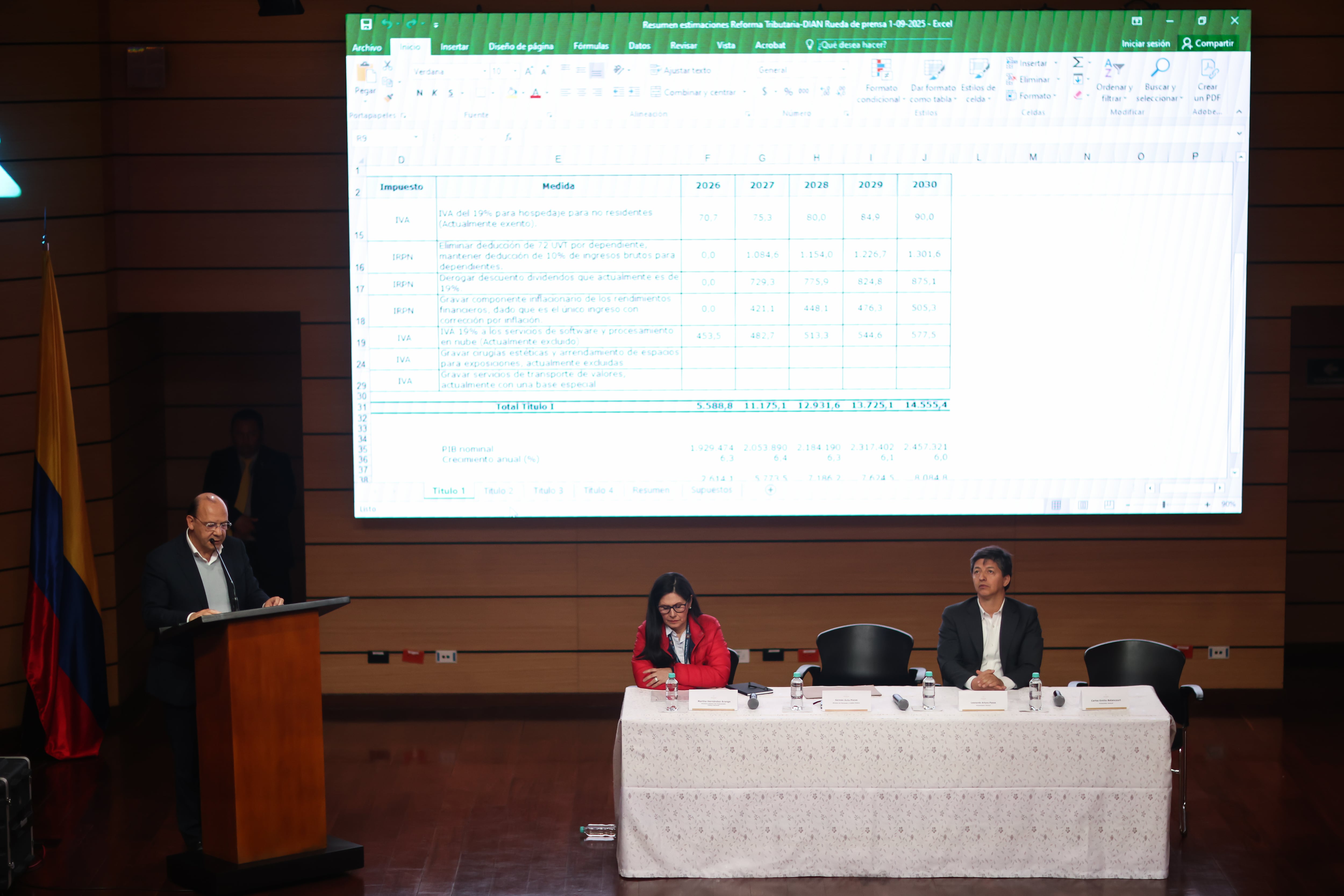 Rueda de prensa de la Ley de financiamiento con el  ministro de hacienda, Germán Ávila, los viceministros Carlos Betancourt y Leonardo Pazos y la Dir. de Presupuesto, Martha Hernández.