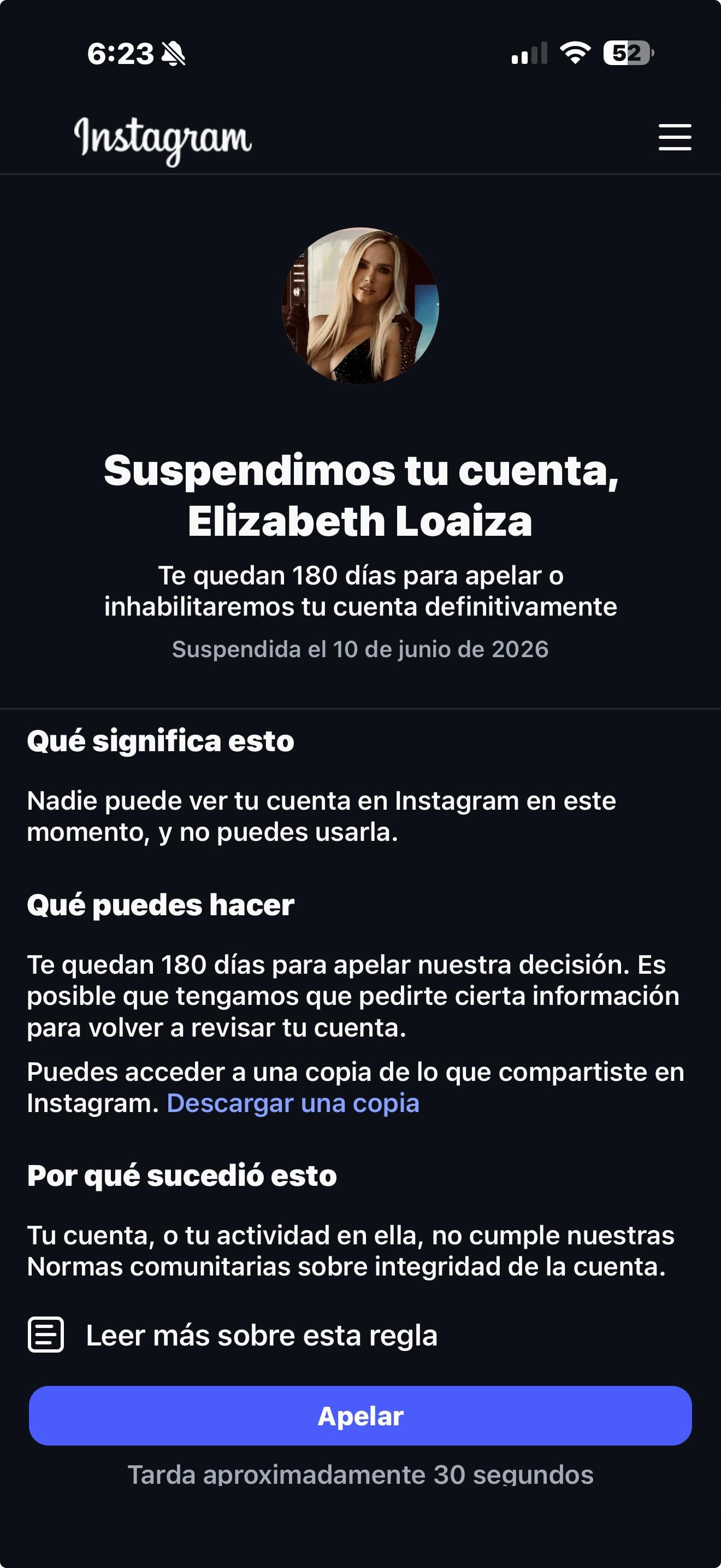 Aviso sobre cuenta de Elizabeth Loaiza